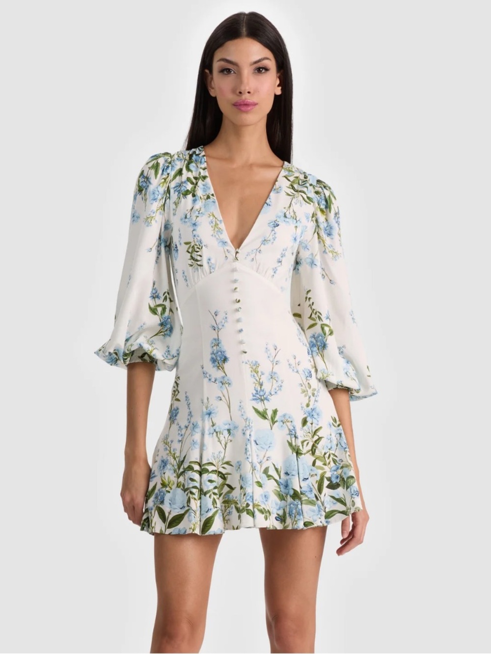 Alice + Olivia Irene Floral Mini Dress – White & Blue